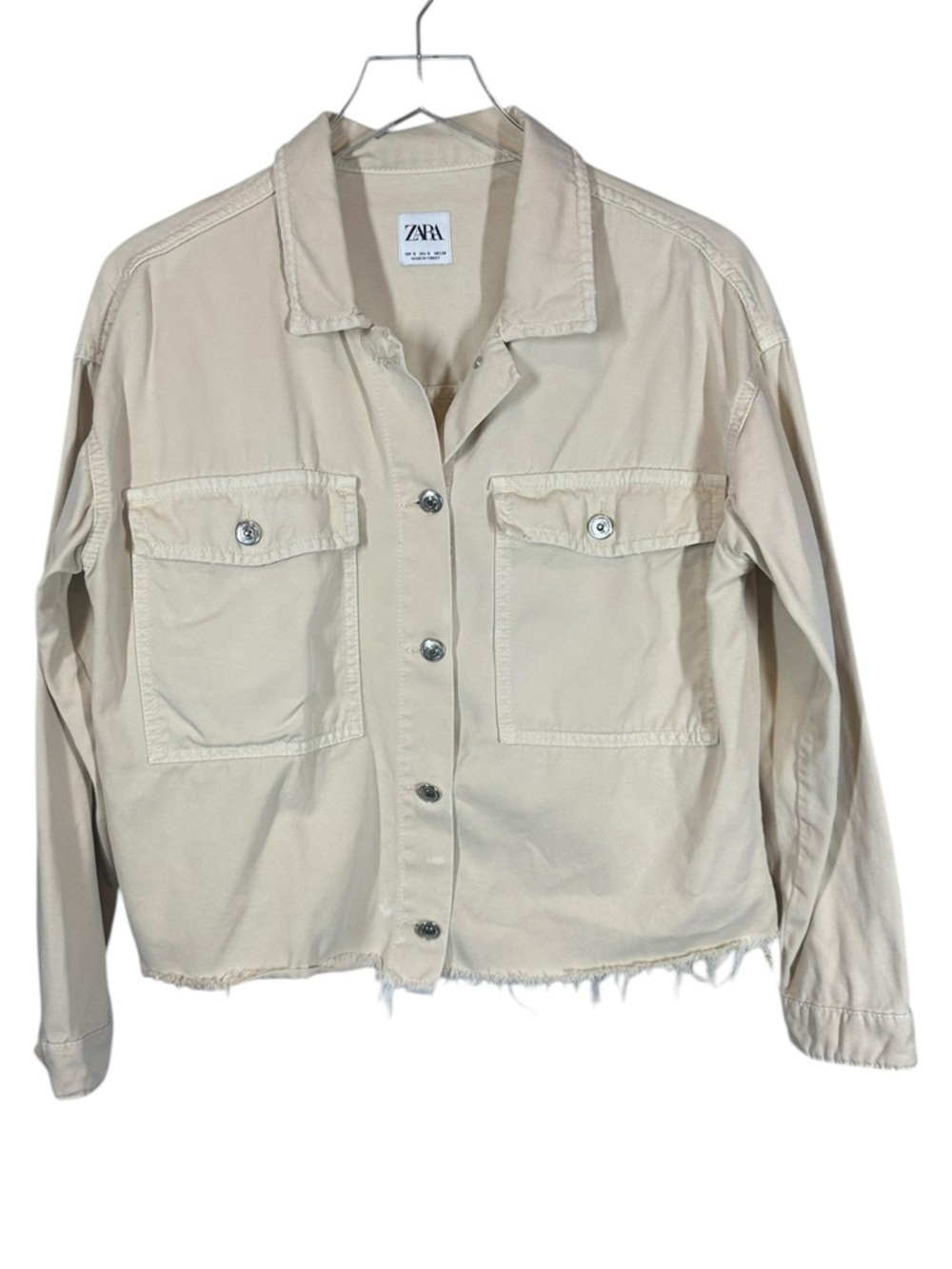 ZARA Women's Small Button up Cropped Ivory Denim Jacket Raw Hem